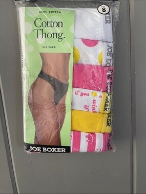 Joe Boxer Thong Panty New in Package 6 Pairs White Pink Yellow Cotton Retro 90s